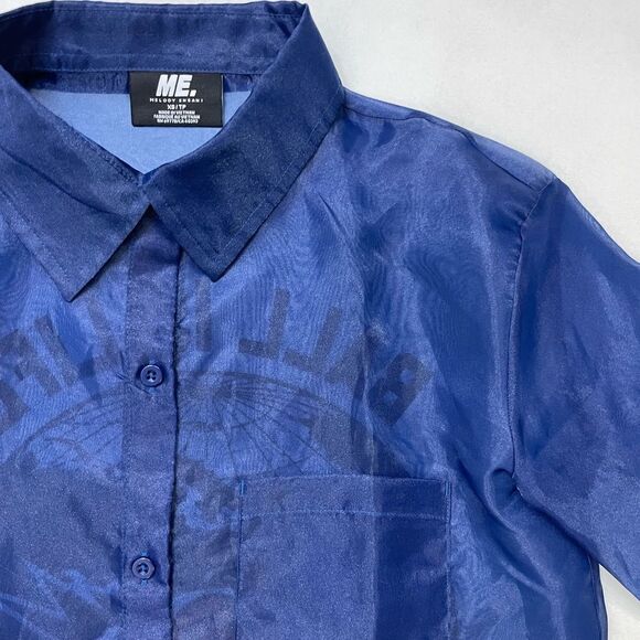 Melody Ehsani ME Button Up Mesh Shirt Women XS Blue Short Sleeve - Picture 4 of 7
